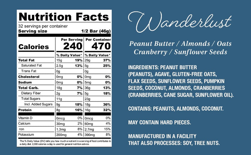 Wanderlust (Peanut Butter, Oats, Cranberry) (16 - 3.25oz Bars)